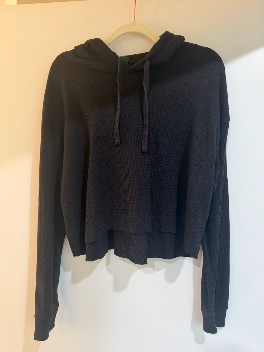 wild fable Black Waffle-Knit Cropped Hooded Top